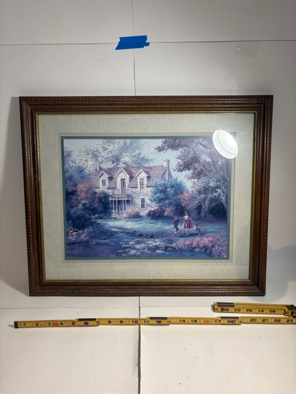 Framed Pastoral House Landscape Print in Lavender Blue Tones - Size Pictured